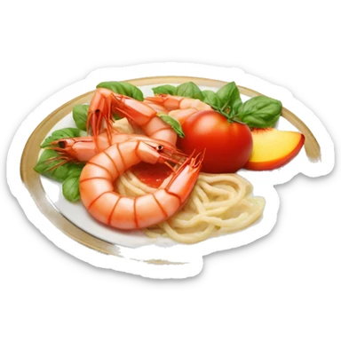 plate with tomato coulis; shrimps and peaches on top; in a plate sticker