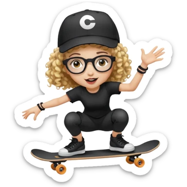 ["An excited girl with light skin, curly hair, wearing a baseball cap and square glasses, dressed in goth fashion, is skateboarding while holding a camera."] sticker