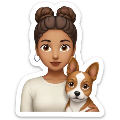 sort, 30 year old, brown girl, back Bun hairstyle, with a white brown dog sticker