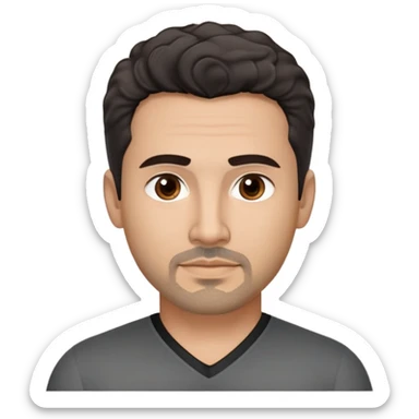 Hispanic man in his 40s with light tan skin. Square face with defined jawline. Warm dark brown eyes with calm gaze. Neutral friendly expression. Thick natural eyebrows. Black goatee with subtle gray hairs. Short curly dark hair with slight receding hairline. Wearing a black V-neck shirt. sticker