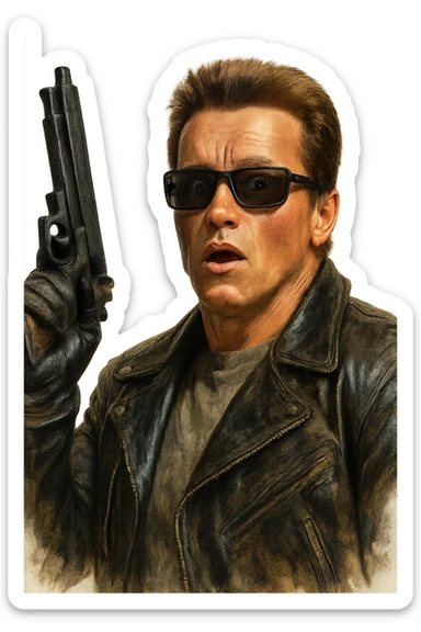 Terminator Arnold Schwarzenegger with sunglasses, surprised look, holding a gun up, realistic painted style sticker