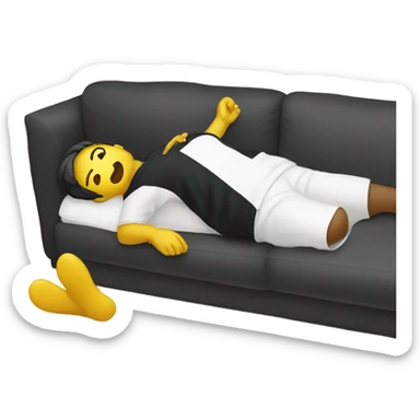 A person lying on a sofa, one leg crossed over the other, with hands behind the head, relaxing in a cozy setting, yellow emoji color skin, black t-shirt sticker