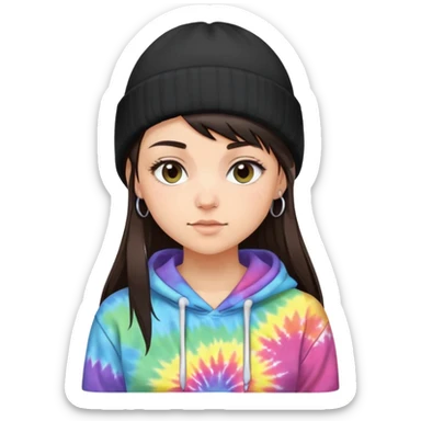 shaved side haired brunette girl with a black beanie on and a tiedye hoodie. i want her to have a side bang sticking out of her beanie sticker