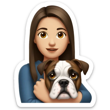 A brunette girl with an English bulldog sticker