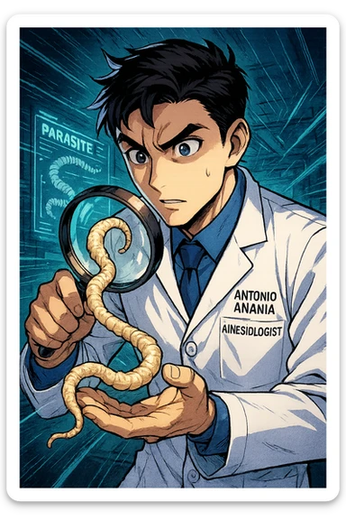A dynamic manga/webtoon-style illustration of a young male kinesiologist wearing a clean white lab coat, analyzing light beige worms like a tapeworm under a magnifying glass. His expression is focused and slightly intrigued, with sharp, detailed eyes. The art style is vibrant, with bold linework, rich colors, and dramatic lighting. The background is a futuristic laboratory with glowing holographic screens displaying parasite data. The tapeworm is intricately drawn, slimy and segmented, with a slightly exaggerated yet realistic texture. The composition is dynamic, with motion lines or energy effects to emphasize his scientific investigation. The atmosphere is intense but not dark, keeping a balance between scientific seriousness and stylish manga aesthetics, he has "ANTONIO ANANIA" WRITTEN ON WHITE LAB COAT sticker