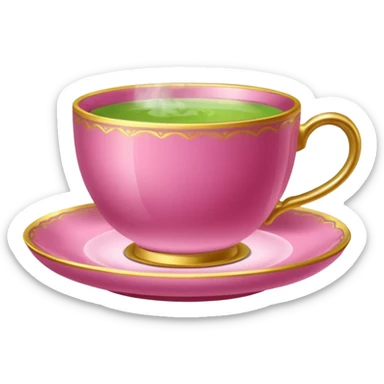 dark pink teacup filled with green tea, placed on a matching pink saucer, with gentle steam rising from the cup, golden details sticker