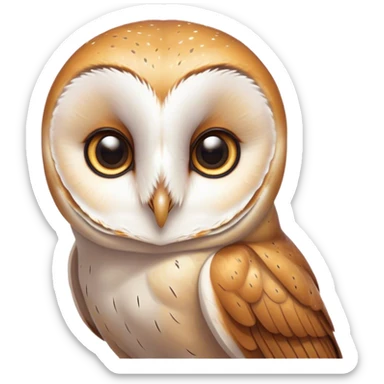 Cinematic Cute Barn Owl Portrait Emoji, Head tilted playfully and inquisitively, featuring a softly mottled Fur of white and brown with delicate feather patterns, round, sparkling amber eyes filled with curious wonder, Simplified yet irresistibly adorable features, highly detailed, glowing with a warm, friendly glow, high shine, affectionate and gentle, stylized with a touch of barnyard whimsy, bright and endearing, soft glowing outline, capturing the essence of a mischievous yet loving owl, so playful it feels like it could swoop out of the screen and into your arms! sticker