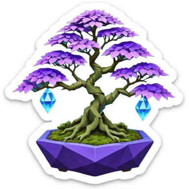 Futuristic wild glowing space alien moss maples Bonsai hair-fine-leaf group multi faceted intricate crystal inspired boxwood purple rose blue informal rocky cliffhanger eight trees forest planting in shallow origami slab style pot with big animal-like feet  sticker