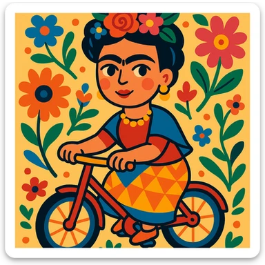 Frida Kahlo on a bike, surrounded by flowers, bold colors, Mexican folk art influence sticker