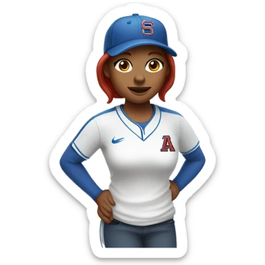 front facing standing up female coach with long red hair, wearing a white t-shirt and a simple baseball blue hat sticker