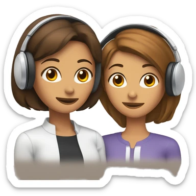woman with brown, short hair wearing wired headphones sitting next to a woman with long brown hair resting her head on the other woman’s shoulder sticker