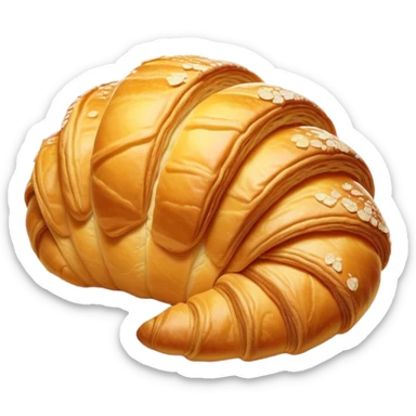 Cinematic golden croissant, perfectly flaky with crisp layers, slightly cracked to reveal buttery soft interior, warm golden glow, highly detailed and inviting. sticker