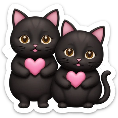 two fat cute black cats love, closed mouth, black ears, pink heart sticker