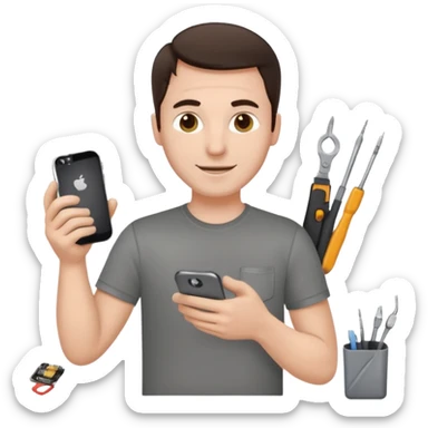 make a white guy with dark brown hair, with a simple white o grey shirt, repairing an iphone happy, tecnician with small tools for phone sticker