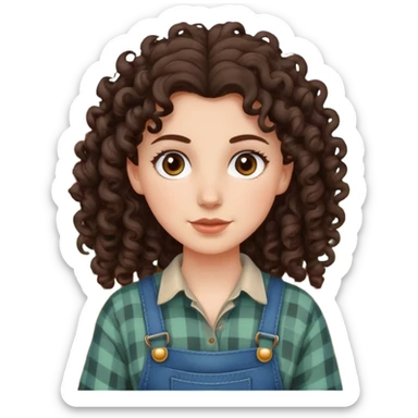 white girl with very curly dark brown hair, brown eyes, wearing farm clothes sticker