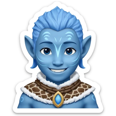 a Avatar blue skin wearing ancient animal skin cloth with snow, half body, icon sticker