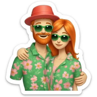 bright red beard wearing a floral shirt and wearing green sunglasses and a bucket hat hugging another person sticker