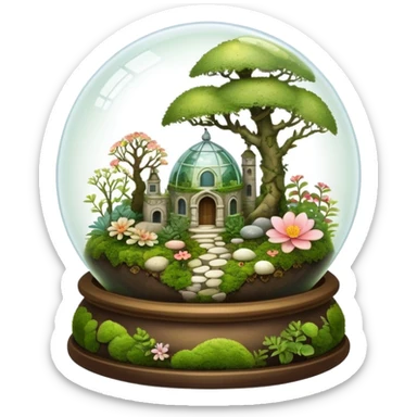 Mystical woodland glass-dome-terrarium-globe with moss inside, with marbles, with bones inside, and flowers inside  sticker