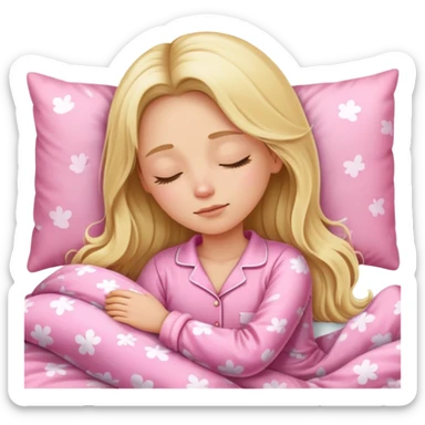 One adult blond girl with long hair in pink Pajamas is sleeping in the bad  sticker