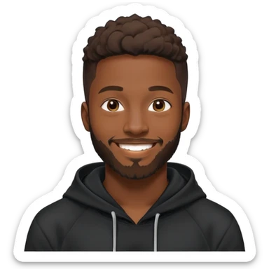 African yound man in his late 20s with a  bright smile with a short boxed beard, black hoody sticker