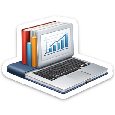 Icon for Business Reading: a prominent book at the forefront, laptop and notepad around it, along with a bar graph. The icon should represent the knowledge and strategy of business literature. Transparent background. sticker