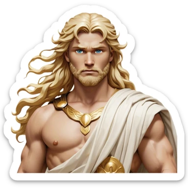 Cinematic Realistic Thor Portrait, depicted as a classical Greek god with a chiseled, sculpted physique reminiscent of ancient marble statues. His fair, luminous skin carries a subtle golden sheen, and his long, wavy, sun-kissed golden hair flows elegantly around his noble face, accentuating his determined, piercing eyes. Draped in a flowing white toga with delicate golden accents and hints of lightning motifs, the portrait is rendered in dynamic natural lighting with a radiant, mythic glow that exudes timeless strength and divine grace. sticker