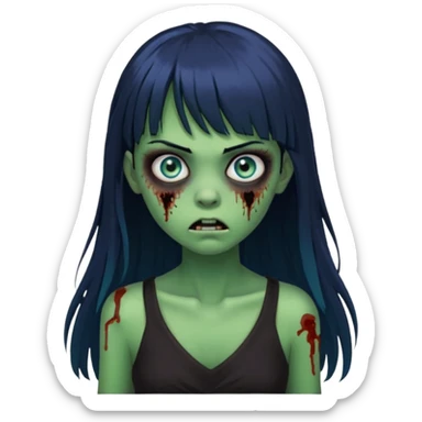 faça uma garota na forma de zumbi com a pele verde, assustada e com os olhos azuis, com o cabelo bem preto com franja e longo e a roupa decotada preta sticker