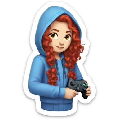 a white girl with long red curly hair, wearing periwinkle Minecraft hoodie holding a controller sticker