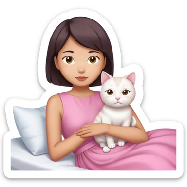 Short hair Asian girl wake up with white cat in pink dress  sticker