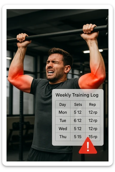 a man in gym attire performs pull-ups on a bar, with his elbows highlighted in bright red to indicate inflammation. A digital overlay shows a weekly training log with high numbers of sets and reps, and a warning icon appears next to the log. The man’s face shows pain and fatigue. The background is a modern gym, emphasizing the link between excessive training volume and injury. scritto in italiano sticker