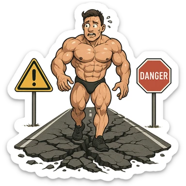 bodybuilder walking on a road that is breaking under his feet, risk and danger symbols on the sides, scared expression, isolated on white background sticker