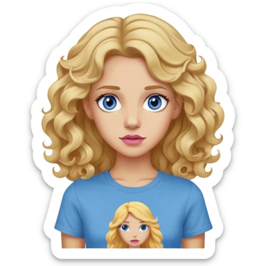 a skinny woman, long princess curls golden blonde hair, blue-gray eyes, pinkish lips, tan skin, wearing a camp half-blood t-shirt,  sticker