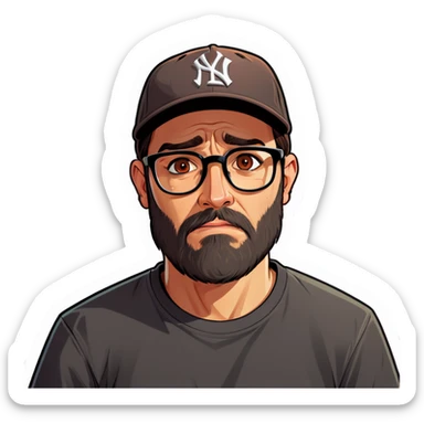 A man with a grey baseball cap, hazel eyes, big dark brown beard and glasses, crying sticker