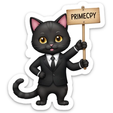 A cat in a black business suit holds a sign with the inscription "PrimeCopy" with one paw and shows a like with the other paw sticker