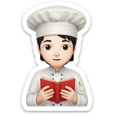 ["A happy man with pale skin, straight hair, wearing a chef hat and no glasses, dressed in goth fashion, is reading a book while holding a camera."] sticker