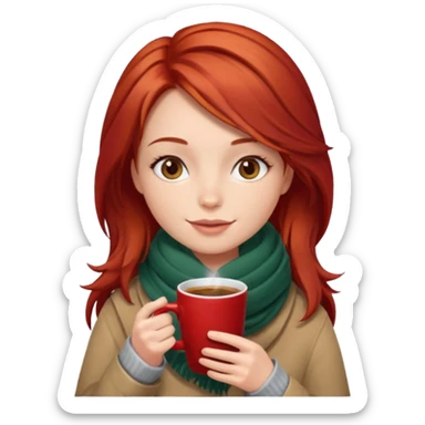 a girl drink with red layer hair, having scarf, drink coffee, enjoy sticker