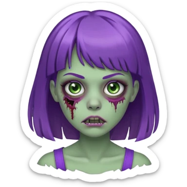 Zombie girl, with bangs above her eyebrows, purple highlights in her dark blonde hair, thin eyebrows. sticker