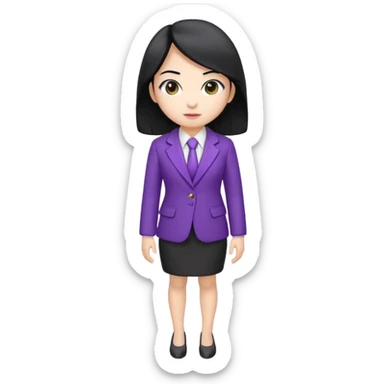 a full body mascot emoji of an Asian female with white skin, big eyes, middle-length black hair which is right at the shoulder, wearing purple business coat and formal suit. Cartoon style. Based on https://attic.sh/fo2aiwi8rc6a78g57vqif7y6z117 sticker