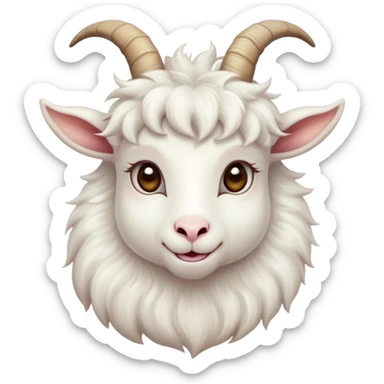 Cinematic Cute White Goat Portrait Emoji, Head tilted playfully and inquisitively, featuring a fluffy, immaculate white fur with charming curved horns, round, sparkling eyes filled with gentle curiosity, Simplified yet irresistibly adorable features, highly detailed, glowing with a warm, friendly glow, high shine, affectionate and lively, stylized with a touch of whimsical charm, bright and endearing, soft glowing outline, capturing the essence of a mischievous yet loving goat, so playful it feels like it could trot out of the screen and into your arms! sticker