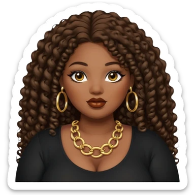 big plus size, darker skin, gold hoops, long dark brown curly hair, baddie,pretty, makeup, lipgloss, black eyeliner, long hair, black top sticker