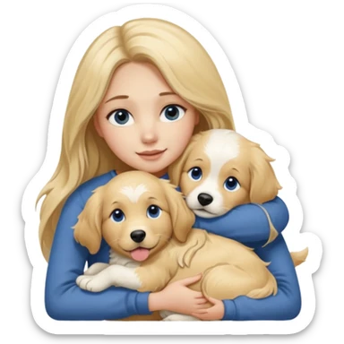 20-year-old dirty blonde woman with long hair and dark blue eyes, hugging an English cream golden retriever, affectionate and playful sticker