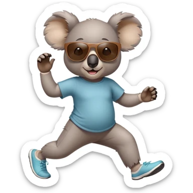 friendly anthropomorphised koala in casual clothing, wearing dark sunglasses, jogging upright in relaxed pose sticker
