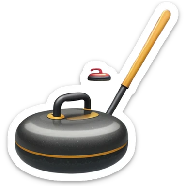 please, make An icon featuring the curling rink, with its distinctive circles and a vibrant crowd in the stands. Snowflakes fall outside the arena, and bright lights illuminate the ice. a close-up curling stone sliding across the ice, with a broom nearby. Transparent background. sticker