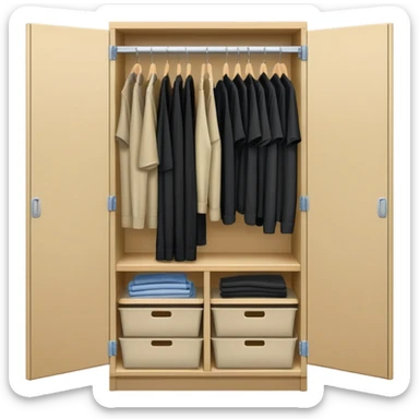 Wardrobe with both doors open showing organized collection of black shirts, khaki pants and overalls for work sticker