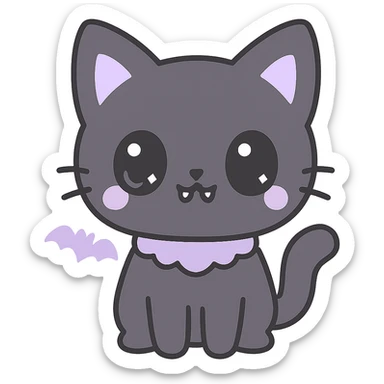 kawaii style gothic cat, adorable face, black and purple fur, sparkling eyes, tiny fangs, sweet and spooky sticker