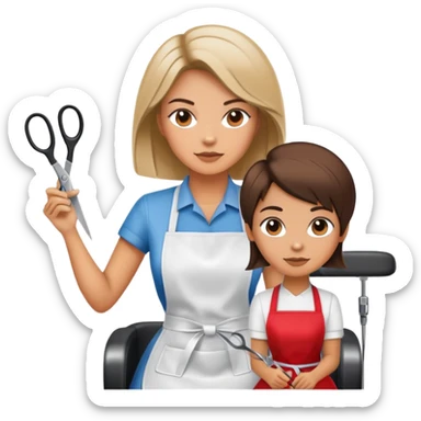 woman in apron sitting in salon chair, female hairstylist behind her with scissors sticker