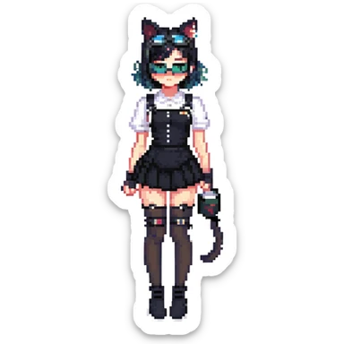 a woman in black clothing and goggles, 1girl, thighhighs, solo, animal ears, cat ears, skirt, black hair, goggles, black skirt, black thighhighs, 3d style sticker