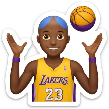 ["Very dark skin male, shaved head, wearing a yellow Lakers jersey."] sticker