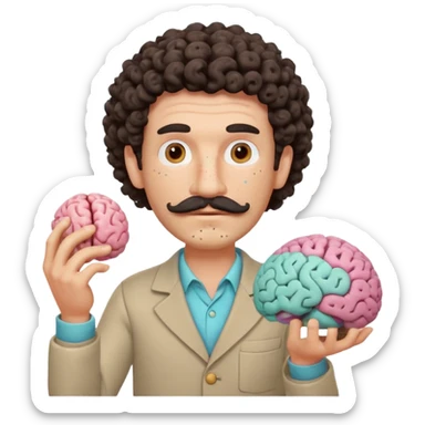 Enhance the claymation man holding a brain by adding more depth and dimension to the image. Make him more attractive and quirky, inspired by the first version, with dark curly hair, thick mustache, light skin, freckles, more movement, claymation style, visible fingerprints, and pastel colors. sticker