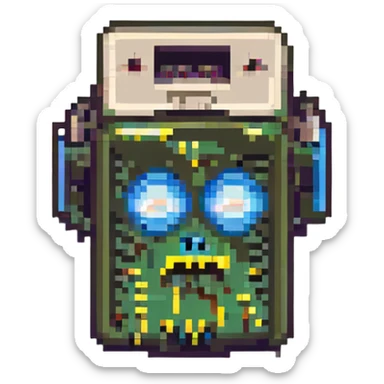 8-bit style dead battery icon with X-shaped eyes sticker